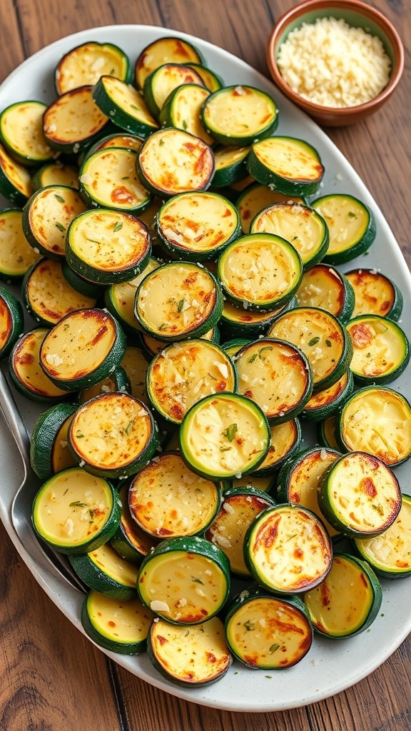 Roasted seasoned zucchini rounds garnished with Parmesan cheese on a wooden table.